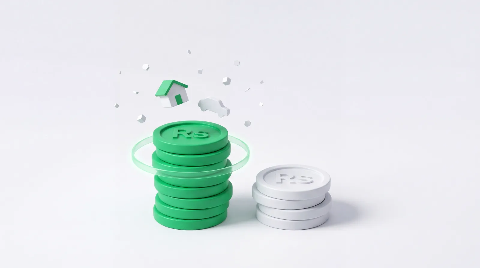 3D illustration of a tall green coin tower next to a short white coin tower showing filer savings