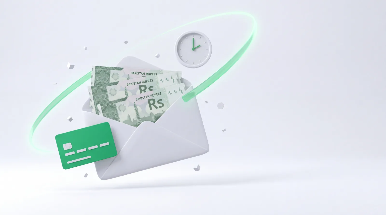 3D illustration of a pay envelope with Pakistani Rupee notes and a payslip card