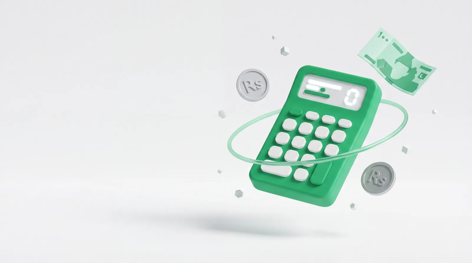 3D illustration of a green calculator with floating Pakistani Rupee coins